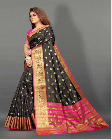 Gorgeous Black and Pink Color Banarasi Silk Saree with Chit Pallu & Zari Weaving Border