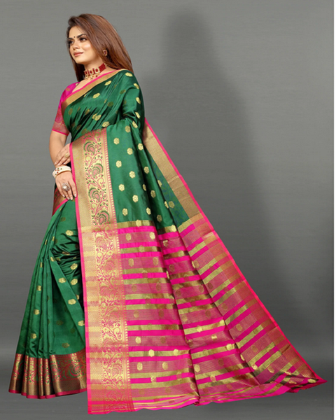 Attractive Pink and Green Color Banarasi Silk Saree with Gold Zari Weaving Chit Pallu and Zari Weaving Border for Special Occasion