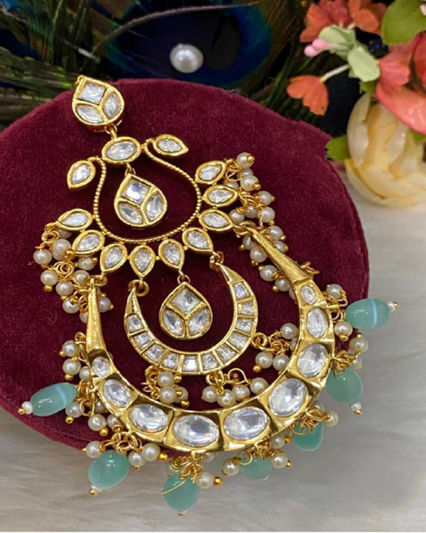 Premium Quality Golden Color Maang Tikka with Light Blue Color Pearls for Special Occasion