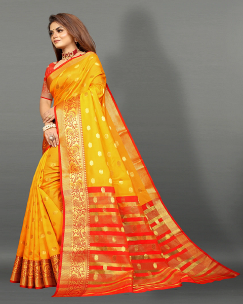 Charming Yellow and Orange Color Banarasi Silk Saree with Gold Zari Weaving Chit Pallu and Zari Weaving Border for Special Occasion