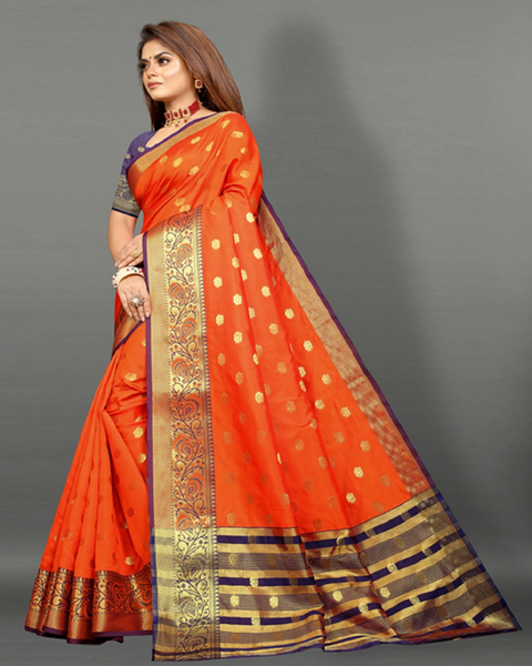 Beautiful Orange and Blue Color Banarasi Silk Saree with Gold Zari Weaving Chit Pallu and Zari Weaving Border for Special Occasion