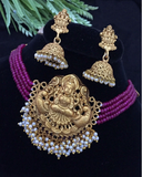 Beautiful Golden Color with Purple Pearls Matte Finish Choker Set with Jhumka