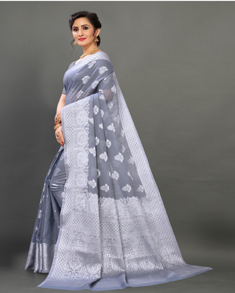 Charming Silver Color Banarasi Silk Saree with Beautiful Silver Zari Weaving for Special Occasion