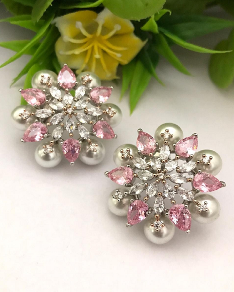 Shiny White and Pink Color Earrings with Polished Pearls for Special Occasion