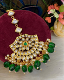 Lovely Golden Color Maang Tikka with Charming Green Color Pearls for Special Occasion