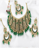 Royal Golden and Green Color Premium Quality Reverse AD Stone with Mehndi Polished Bridal Necklace and Jhumka
