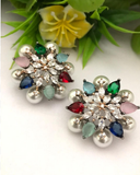 Lovely Combination of Metallic White, Red, Green, Blue and Pink Color Earrings with Charming Small Size Polished Pearls for Special Occasion