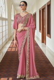 Beautiful Pink Color Georgette Saree with Bell Sleeved Blouse