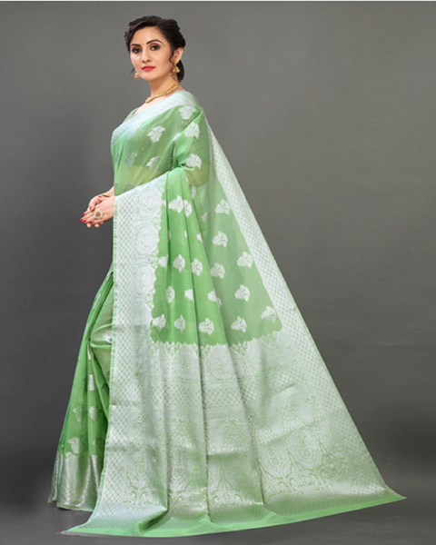 Gorgeous Light Green Color Banarasi Silk Saree with Beautiful Silver Zari Weaving for Special Occasion