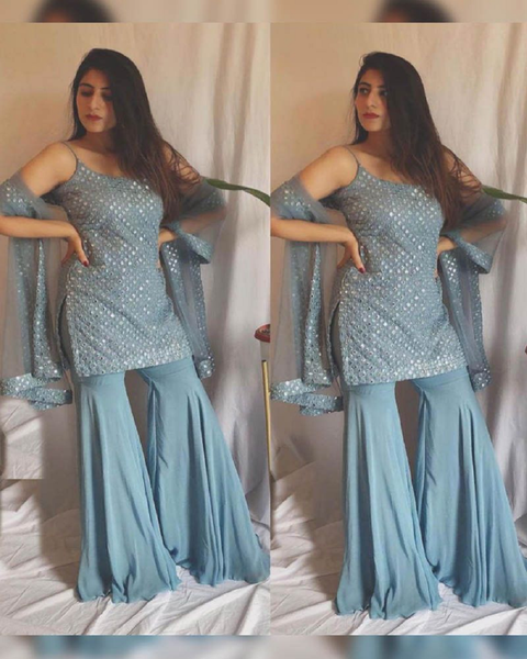 Beautiful Dusty Blue Color Georgette Sharara Style Salwar Suit