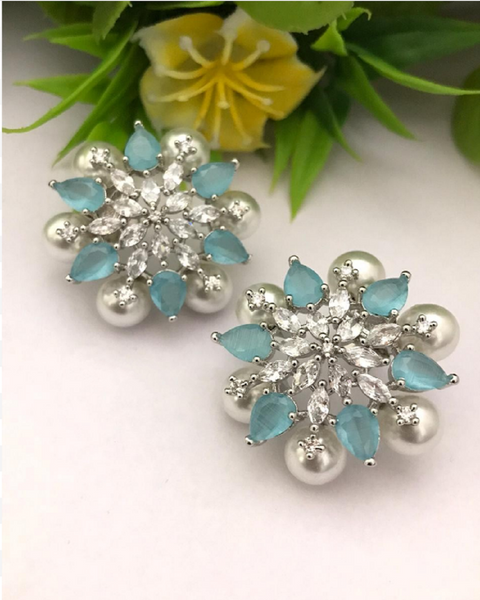 Dazzling White and Light Blue Color Earrings with Extra Beautiful Pearls for Special Occasion