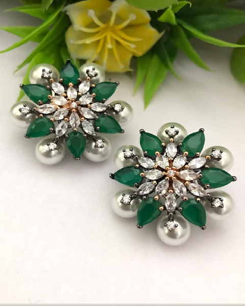 Lovely Metallic White and Dark Green Color Earrings with Extra Small Size Pearls for Special Occasion