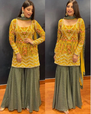 Beautiful Green and Yellow Color Georgette Sharara Suit with Embroidery Work