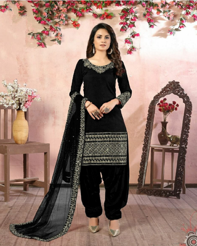 Stylish Black Color Art Silk Designer Salwar Suit with Charming Net Dupatta for Special Occasion