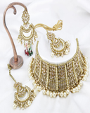 Charming Golden Color Premium Quality Reverse AD Stone with Mehndi Polished Bridal Necklace and Jhumka