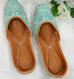 Charming Light Blue Color Pure Leather Hand Embroidery Work with Double Cushion and Extra added Pearls Punjabi Jutti