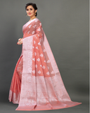Pretty Orange Color Banarasi Silk Saree with Beautiful Silver Zari Weaving for Special Occasion