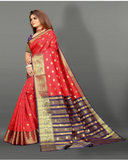 Pretty Red and Blue Color Banarasi Silk Saree with Gold Zari Weaving Chit Pallu and Zari Weaving Border for Special Occasion