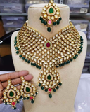 Beautiful Golden Color High Quality Kundan Necklace with with Back Meenakari and Extra Green Color Pearls for Special Occasion