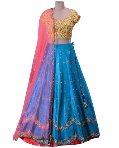 Yellow & Blue Silk  Designer Lehenga Choli