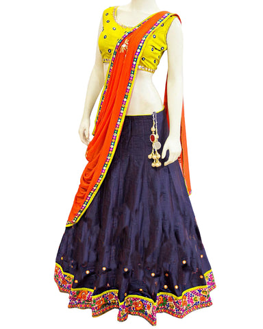 Dandiya Navratri Navy Blue Color Silk Mirror work Chaniya Choli