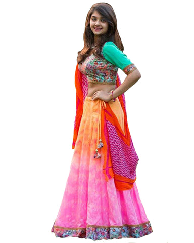Navratri Special Light Pink And Multi color Rahsam worked Chaniya Choli
