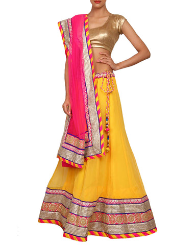 Navratri Special Pink And Yellow color Rahsam worked Chaniya Choli