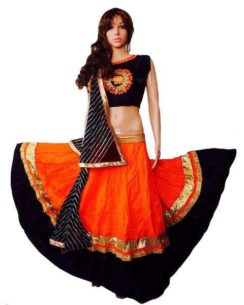 Dandiya Navratri Oragange & Black Color Silk Gota Chaniya Choli