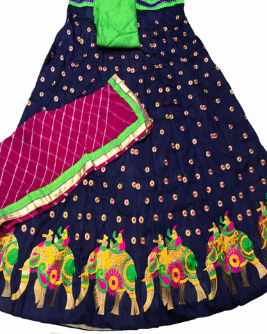 Navy Blue Color Elephant Border Banglori Silk Lehenga