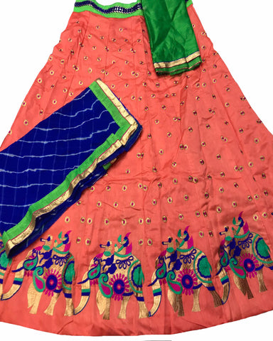 Peach Color Elephant Border Banglori Silk Lehenga