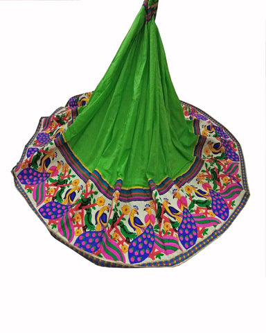Green Color Peacock & Parrot Kutchi Border Lehenga