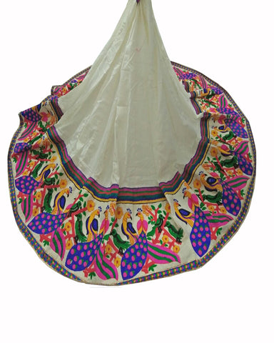 White Color Peacock & Parrot Kutchi Border Lehenga