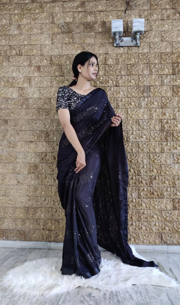 Gorgeous Black Color Chinon Silk Ready to Wear Saree with Sequins Work