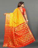 Charming Yellow and Orange Color Banarasi Silk Saree with Gold Zari Weaving Chit Pallu and Zari Weaving Border for Special Occasion