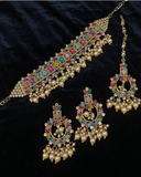 Glamorous Golden Color Necklace, Earrings and Matha Tikka with Beautiful Multi Color Pearls for Special Occasion