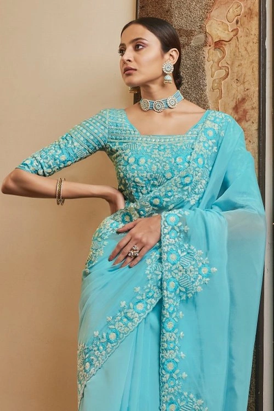 Beautiful Sky Blue Organza Saree with Sequins Work