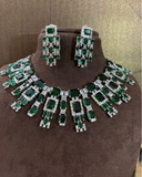 Beautiful Platinum Plated Diamond Replica Necklace and Earrings with Charming Green Color Pearls