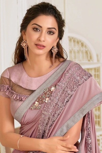 Beautiful Dusty Pink Lycra Sequins Worked Saree with Designer Blouse