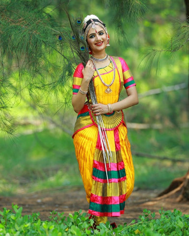 High Quality Art Silk Yellow and Pink Color Bharatnatyam Costume