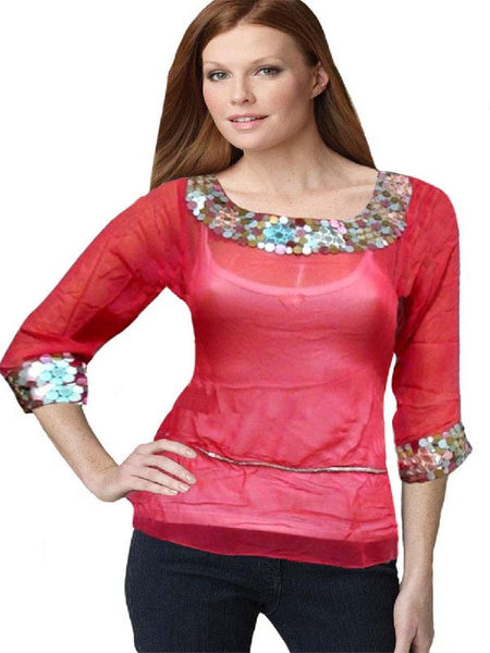 Red Foil Mirror Embroidered Top
