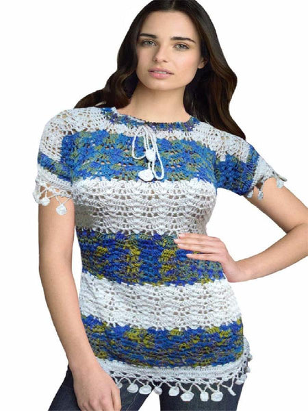 Traditional Crochet White & Blue Embroidered Top