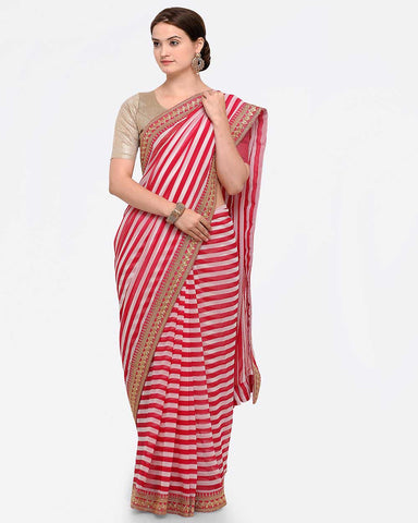 Sugathari Pink & White Poly Georgette Printed Saree