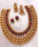 Classic Golden Color Necklace and Earrings with Charming Maroon and Green Color Pearls for Special Occasion