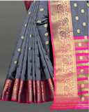 Lovely Pink and Light Grey Color Banarasi Silk Saree with Gold Zari Weaving Chit Pallu and Zari Weaving Border for Special Occasion