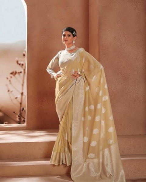 Pretty Golden Color Modal Silk Saree and Blouse with Silver Zari Weaving for Special Occasion