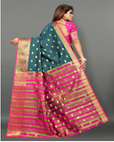 Pretty Pink and Grey Color Banarasi Silk Saree with Gold Zari Weaving Chit Pallu and Zari Weaving Border for Special Occasion