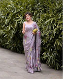 Beautiful Lilac Color Satin Silk Saree with Hand Work for Special Occasion