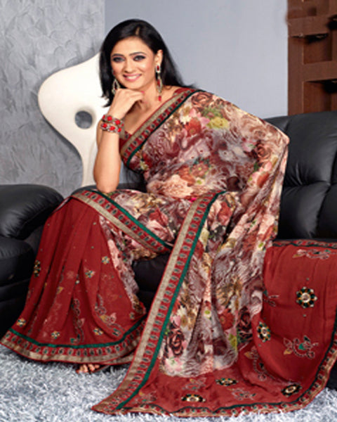 Maroon Printed pallu Sari