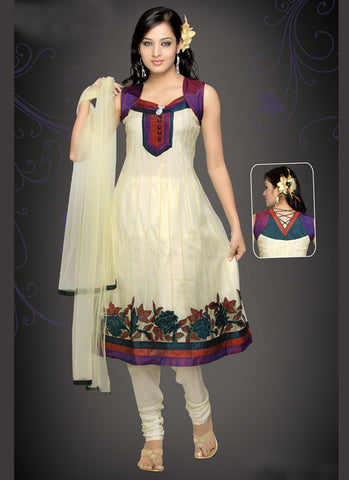 Rose embroidered Off white Kalidar Suit