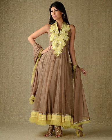 Yellow Detailed Brown Net Suit